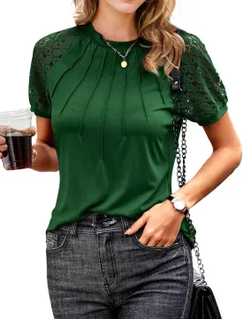 AURUZA Work Shirts for Women Business Casual Blouses Pleated Lace Short Sleeve Tops Dressy Casual Outfits Summer Tshirts