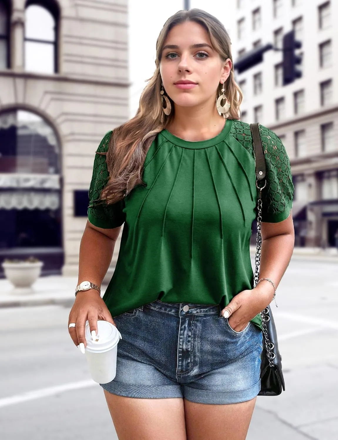 AURUZA Work Shirts for Women Business Casual Blouses Pleated Lace Short Sleeve Tops Dressy Casual Outfits Summer Tshirts