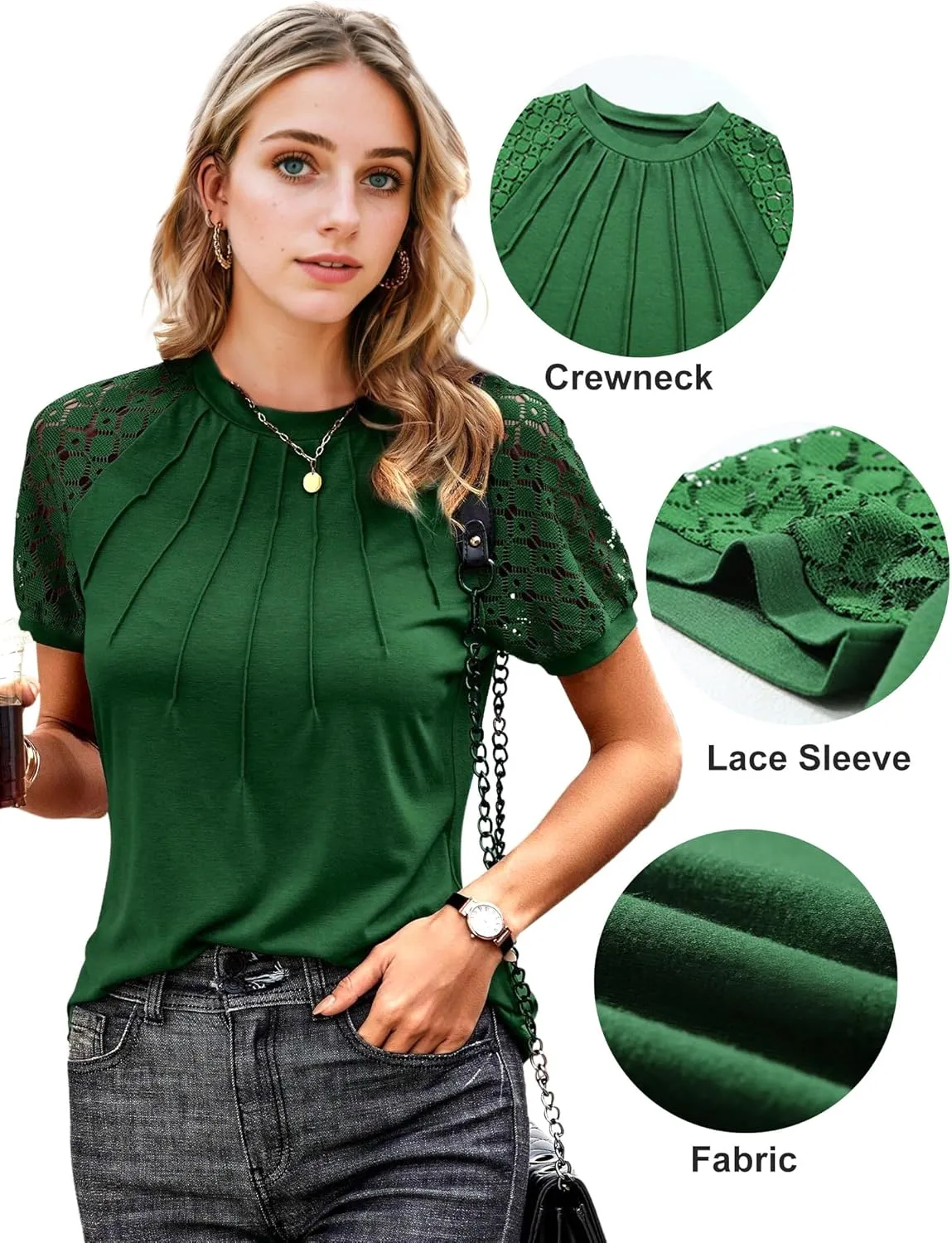 AURUZA Work Shirts for Women Business Casual Blouses Pleated Lace Short Sleeve Tops Dressy Casual Outfits Summer Tshirts