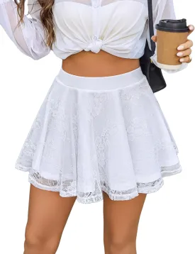 Avidlove Skirts for Women Lace Pleated Ruffles Skater Skirt Elastic Waistband Sexy Basic Stretchy Flared Casual Mini Skirt