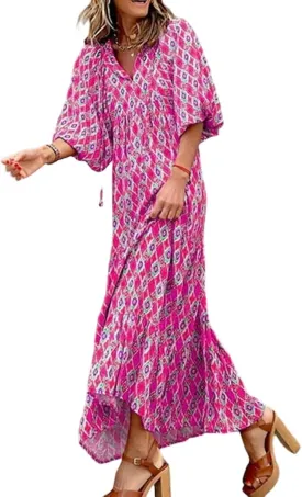 Boho Maxi Dresses for Women 2025 Summer Loose V Neck Puff Short Sleeve Long Flowy Floral Tiered Plus Size Beach Sundress
