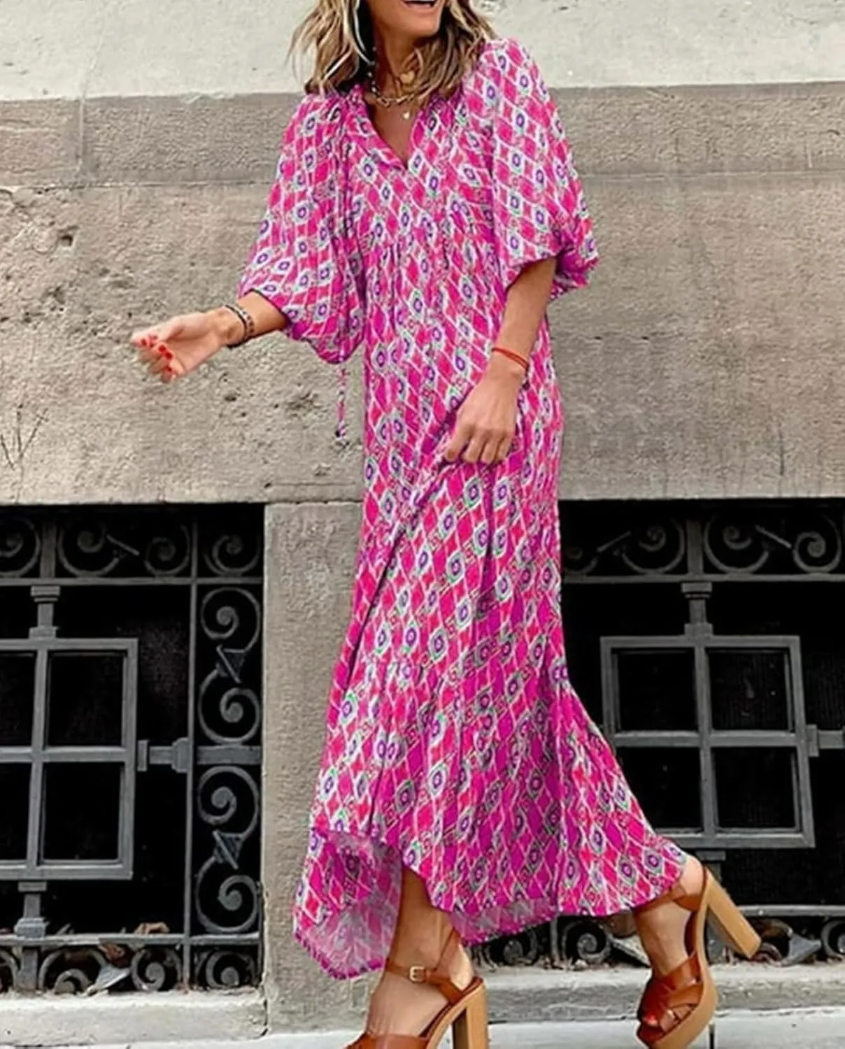 Boho Maxi Dresses for Women 2025 Summer Loose V Neck Puff Short Sleeve Long Flowy Floral Tiered Plus Size Beach Sundress