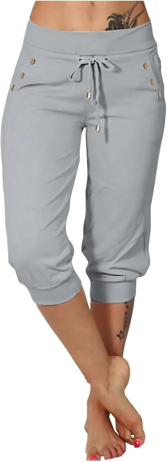 Capri Pants for Women Stretch High Waisted Joggers Lightweight Summer Casual Drawstring Hiking Pant Capri with Pocket