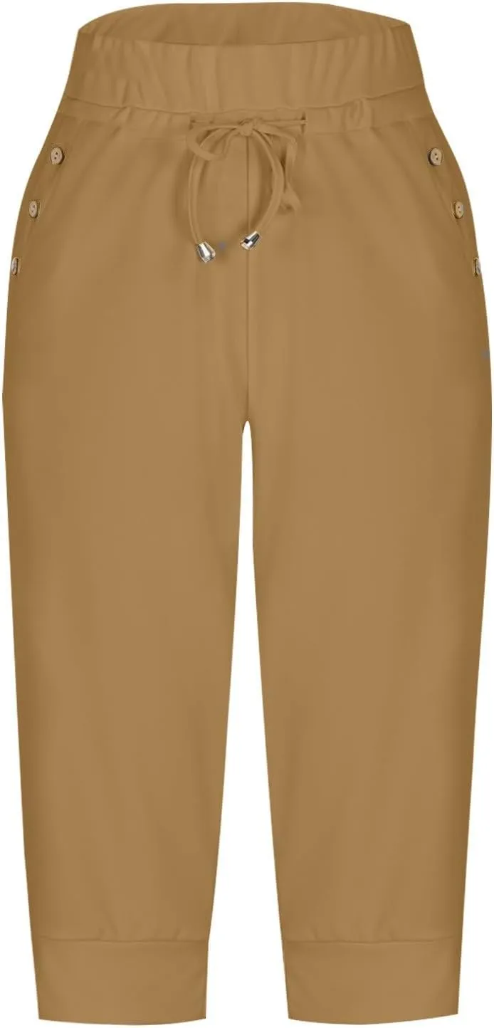 Capri Pants for Women Stretch High Waisted Joggers Lightweight Summer Casual Drawstring Hiking Pant Capri with Pocket