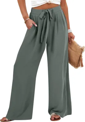 Caracilia Women Wide Leg Palazzo Pants Summer High Waist Flowy Casual Trousers Loose Lounge Beach Travel Vacation Clothes