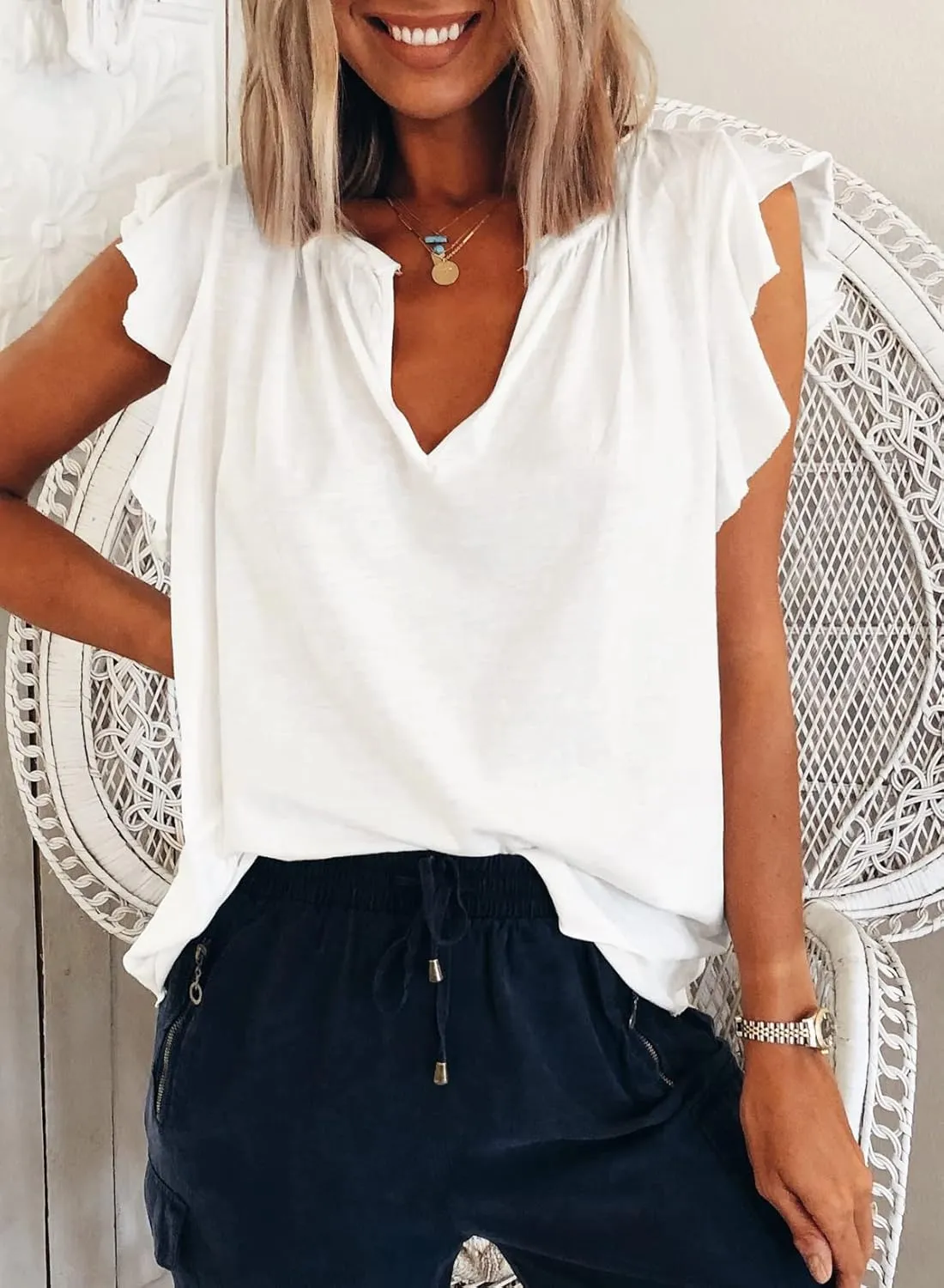 Dokotoo Women's Casual V Neck Ruffle Sleeve Summer Tank Tops Shirts