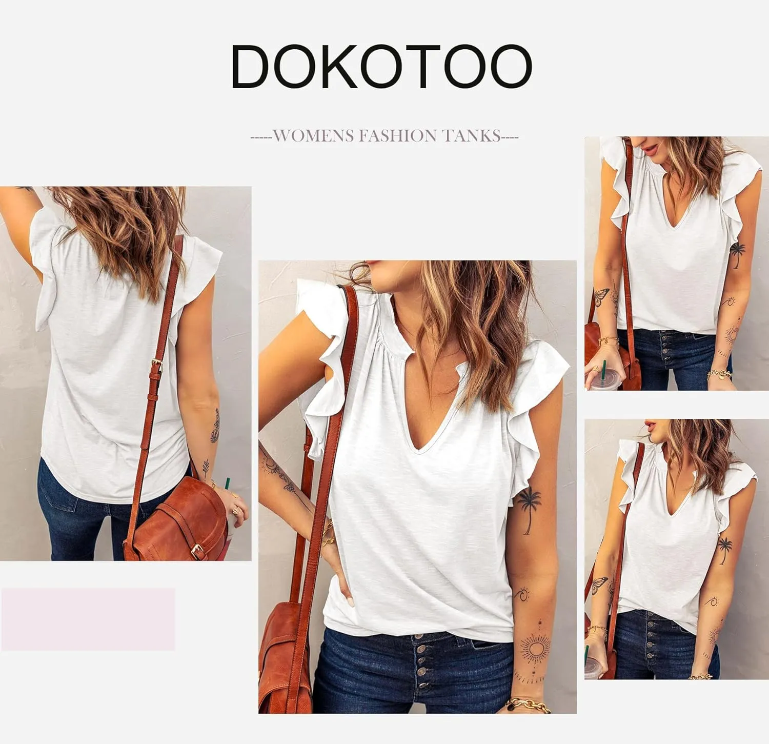 Dokotoo Women's Casual V Neck Ruffle Sleeve Summer Tank Tops Shirts