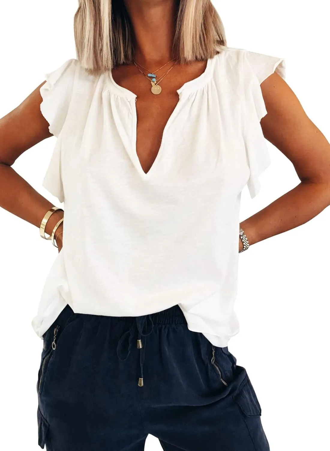Dokotoo Women's Casual V Neck Ruffle Sleeve Summer Tank Tops Shirts