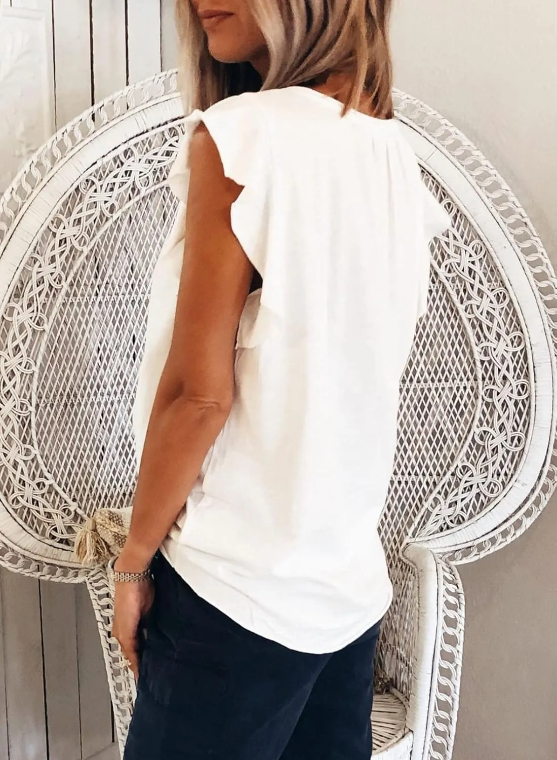 Dokotoo Women's Casual V Neck Ruffle Sleeve Summer Tank Tops Shirts