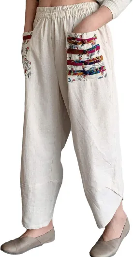 FTCayanz Women's Linen Wide Leg Pants Baggy Tapered Cropped Pants Elastic Waist Trousers
