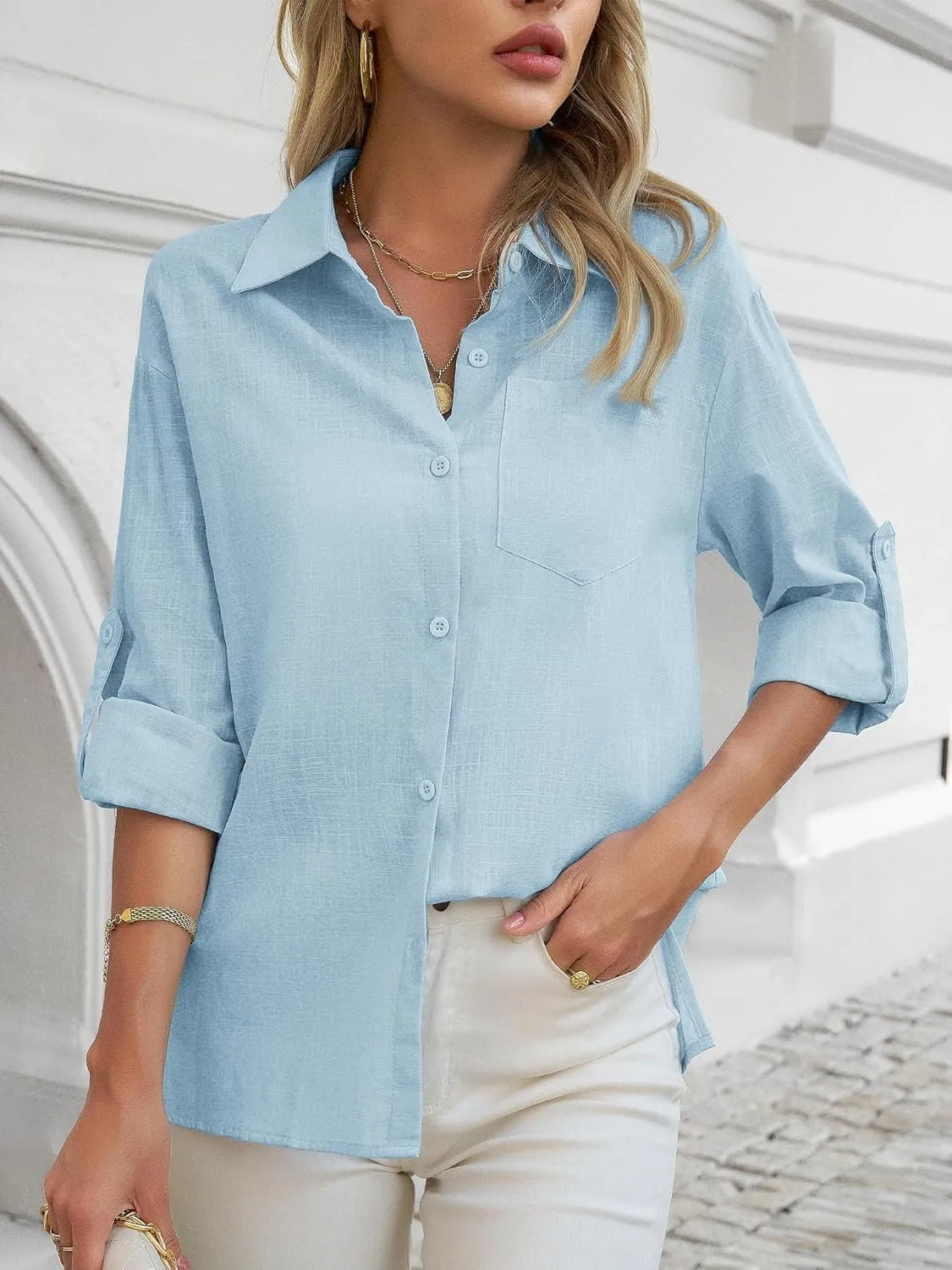 HDLTE Womens Cotton Casual Button Down Shirts V Neck Collare Blouses with Pockets