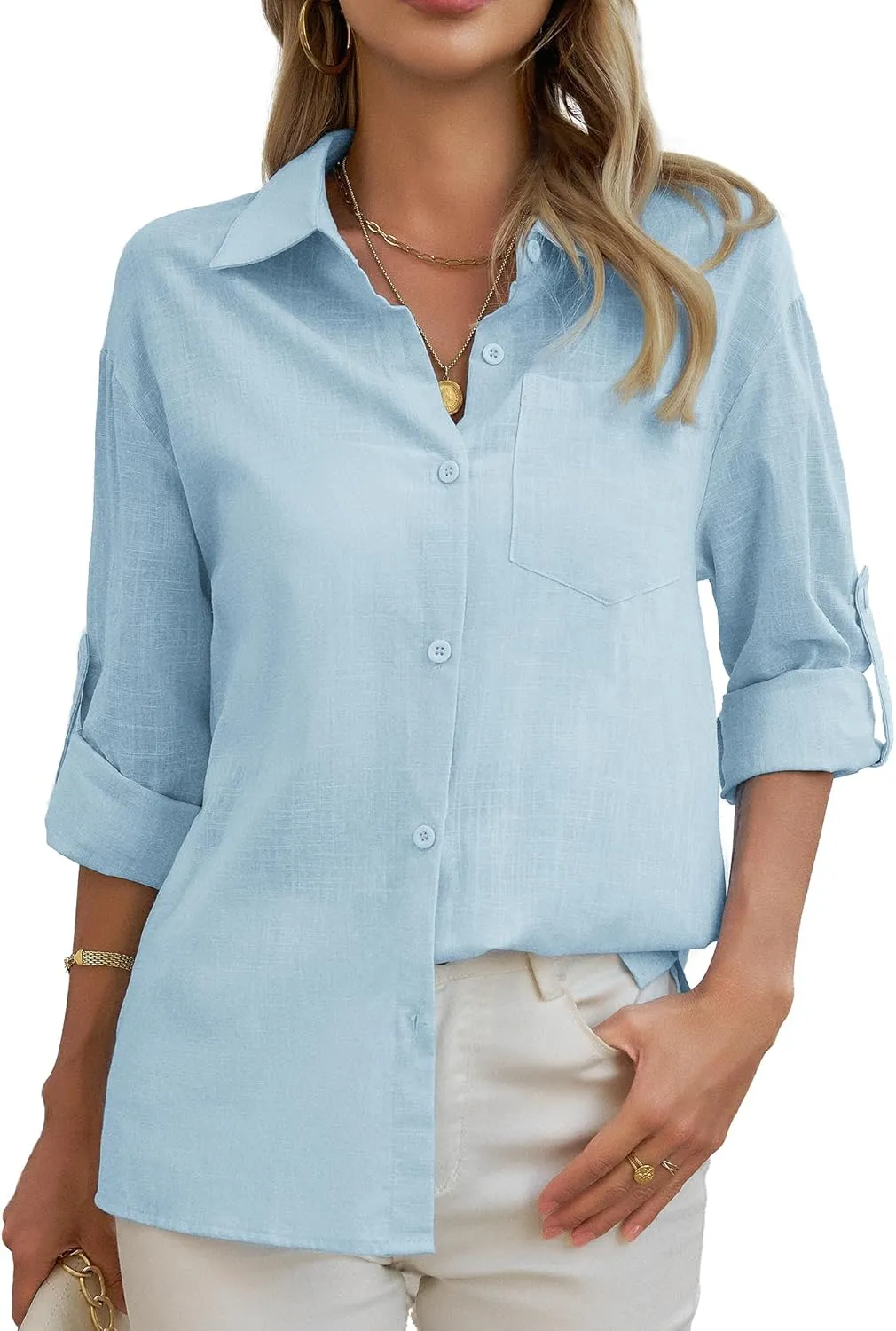 HDLTE Womens Cotton Casual Button Down Shirts V Neck Collare Blouses with Pockets