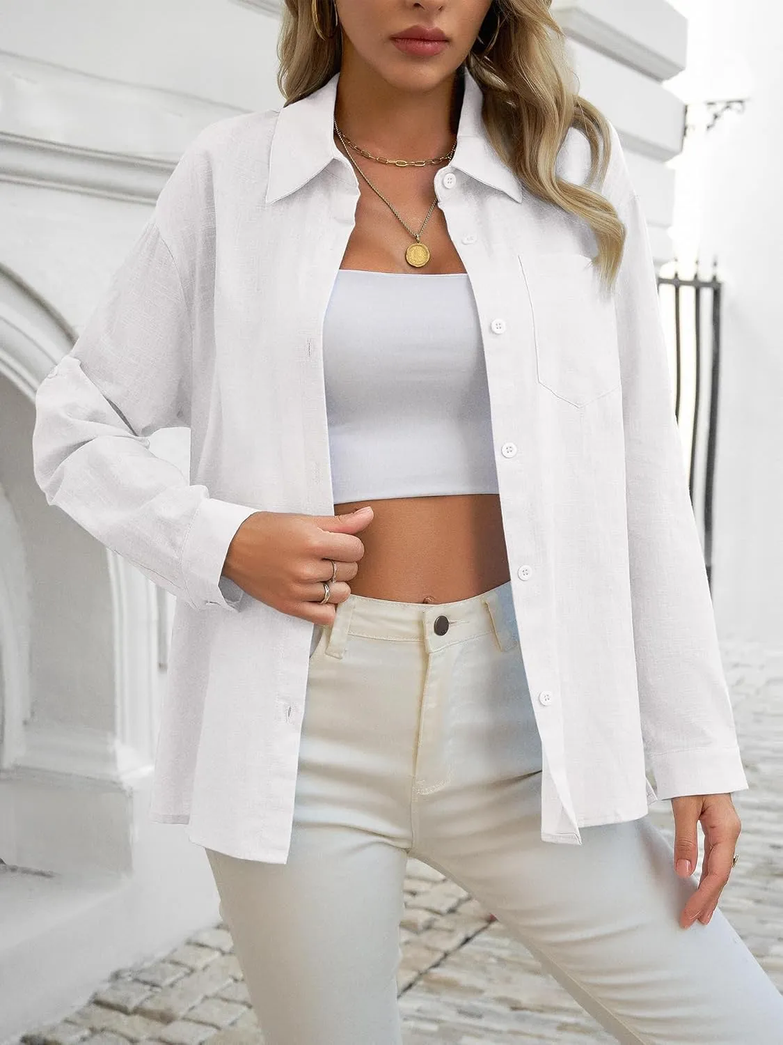 HDLTE Womens Cotton Casual Button Down Shirts V Neck Collare Blouses with Pockets