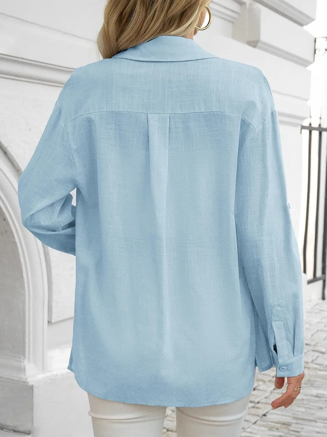 HDLTE Womens Cotton Casual Button Down Shirts V Neck Collare Blouses with Pockets