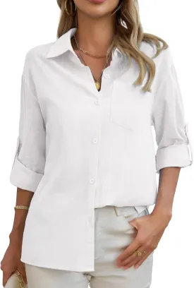 HDLTE Womens Cotton Casual Button Down Shirts V Neck Collare Blouses with Pockets