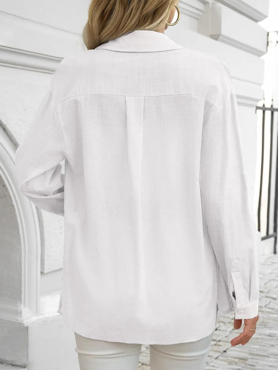 HDLTE Womens Cotton Casual Button Down Shirts V Neck Collare Blouses with Pockets