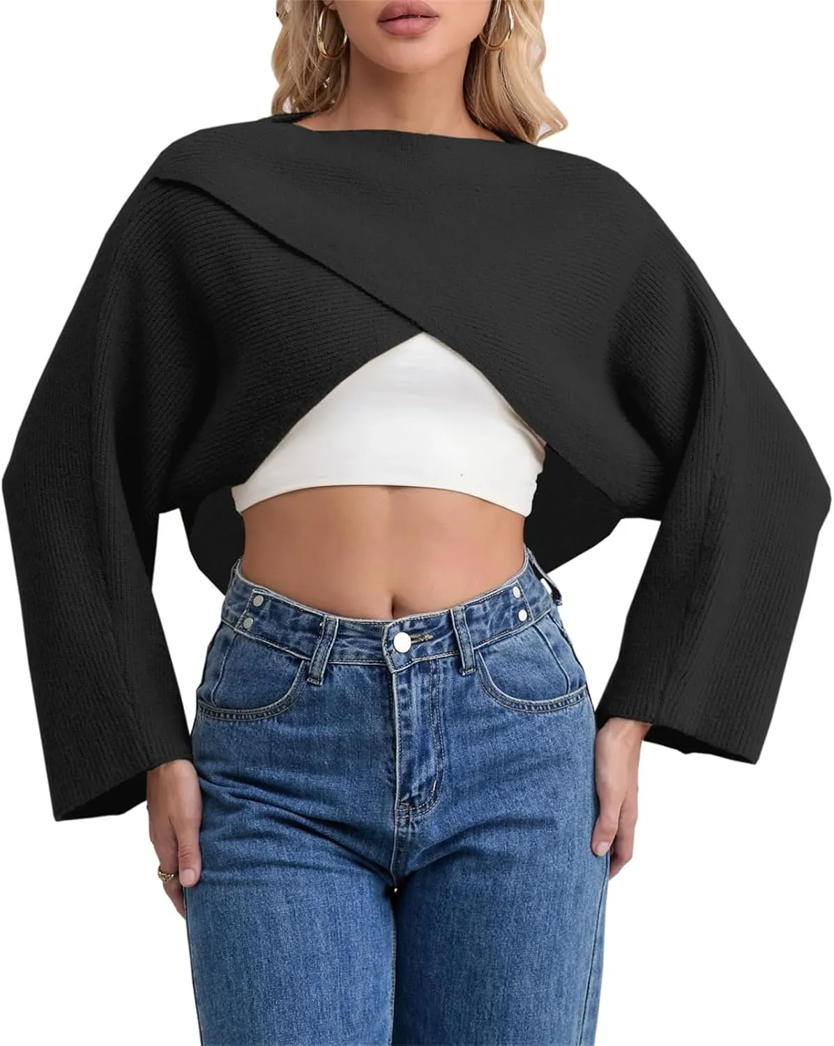 Joe Wenko Women's Boat Neck Sweater Long Sleeve Cross Wrap Asymmetrical Hem Cropped Pullover Jumper Tops