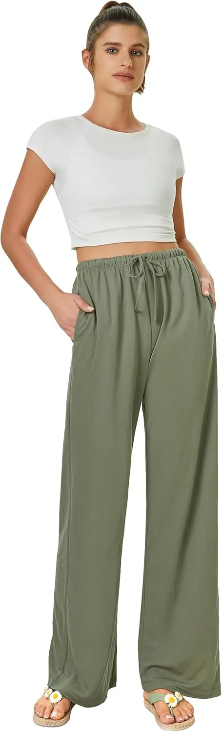 keriffe Women's Flowy Wide Leg Pants Casual Beach Pants High Waisted Drawstring Palazzo Trousers with Pockets