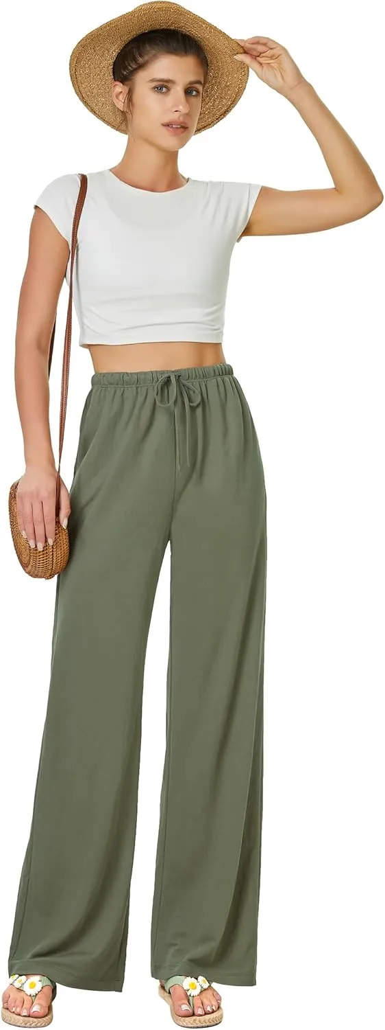 keriffe Women's Flowy Wide Leg Pants Casual Beach Pants High Waisted Drawstring Palazzo Trousers with Pockets