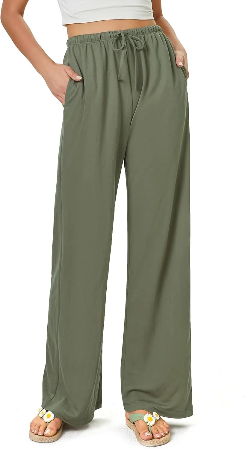 keriffe Women's Flowy Wide Leg Pants Casual Beach Pants High Waisted Drawstring Palazzo Trousers with Pockets