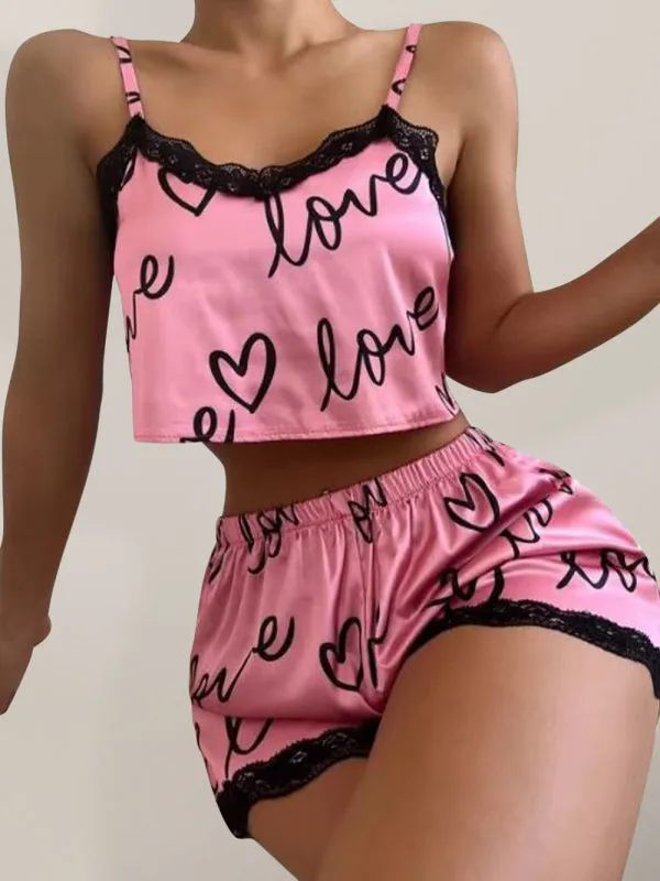 Lazy Love Print Pajamas Suspender Set