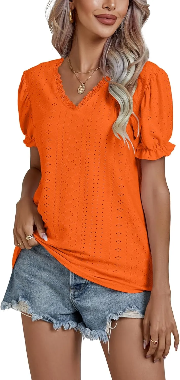 LYANER Women's Casual Puff Short Sleeve Lace Trim Eyelet V Neck Shirt Blouse Tunic Top