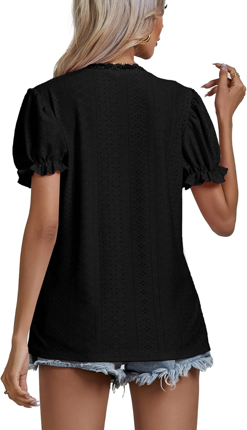LYANER Women's Casual Puff Short Sleeve Lace Trim Eyelet V Neck Shirt Blouse Tunic Top
