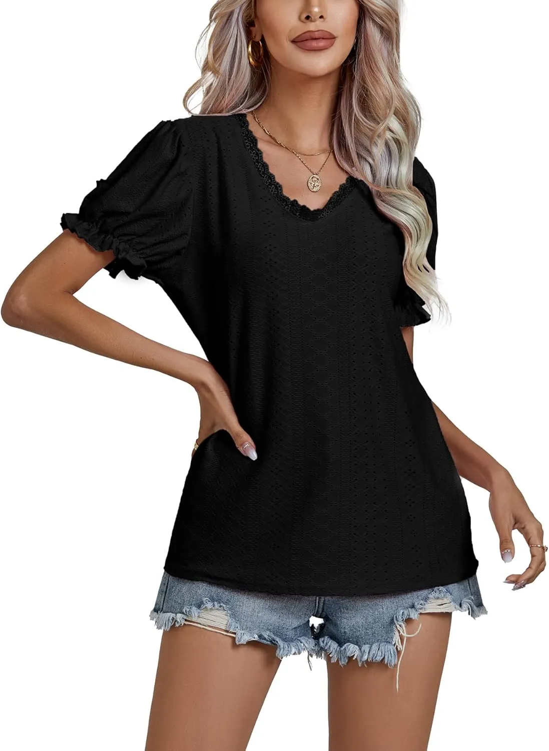 LYANER Women's Casual Puff Short Sleeve Lace Trim Eyelet V Neck Shirt Blouse Tunic Top