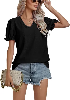 LYANER Women's Casual Puff Short Sleeve Lace Trim Eyelet V Neck Shirt Blouse Tunic Top