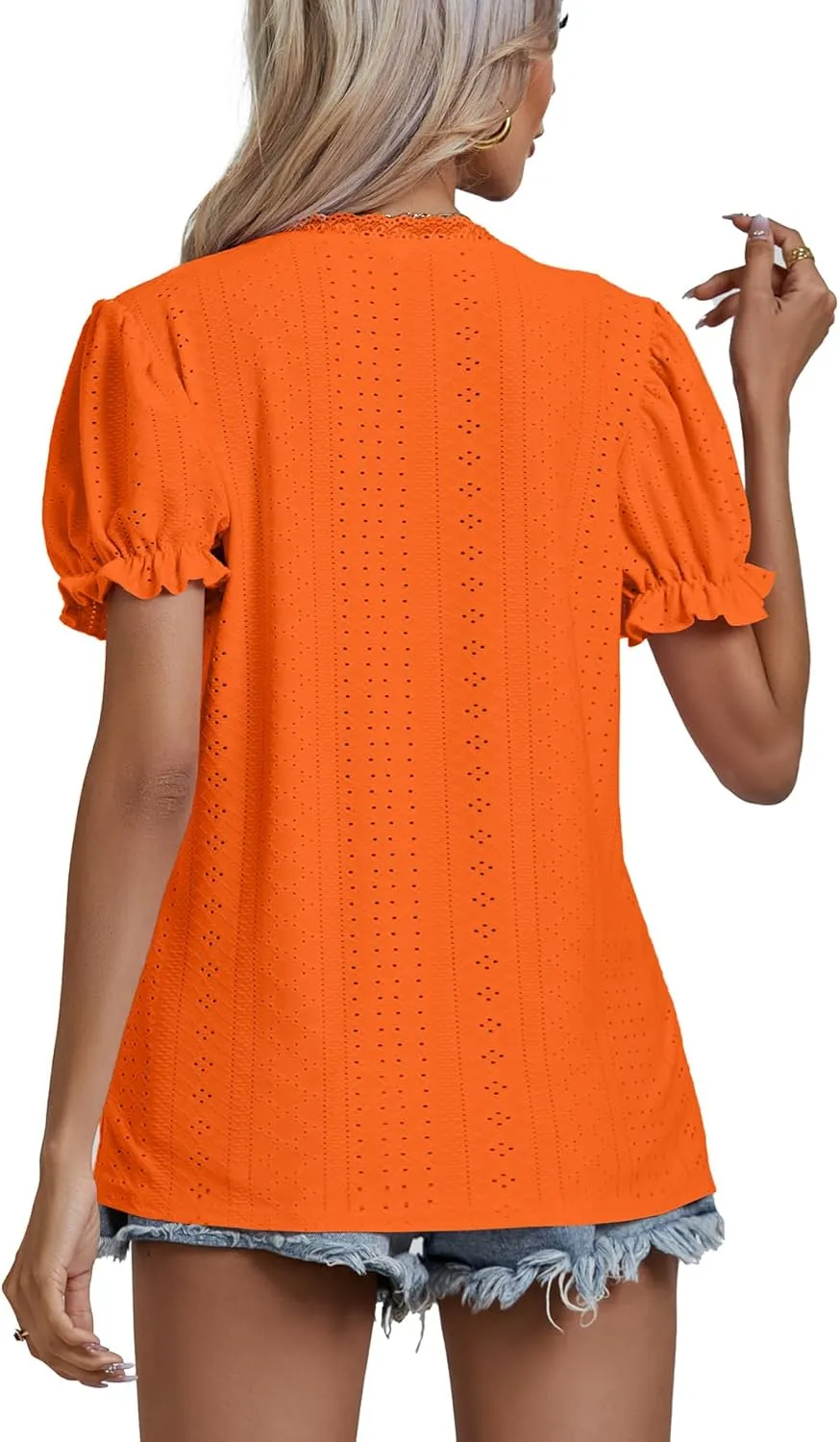 LYANER Women's Casual Puff Short Sleeve Lace Trim Eyelet V Neck Shirt Blouse Tunic Top