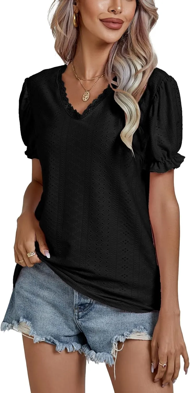 LYANER Women's Casual Puff Short Sleeve Lace Trim Eyelet V Neck Shirt Blouse Tunic Top