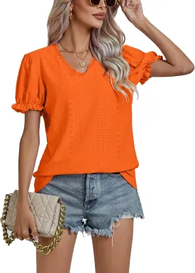 LYANER Women's Casual Puff Short Sleeve Lace Trim Eyelet V Neck Shirt Blouse Tunic Top