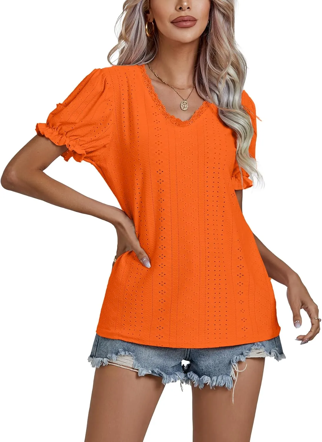 LYANER Women's Casual Puff Short Sleeve Lace Trim Eyelet V Neck Shirt Blouse Tunic Top