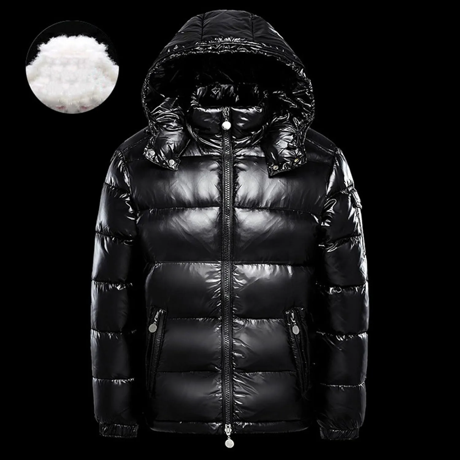 Mens Hooded Puffer Jackets Stand Collar Shiny Down Jacket Thick Winter Parka Jacket Quilted Insulated Padded Coat