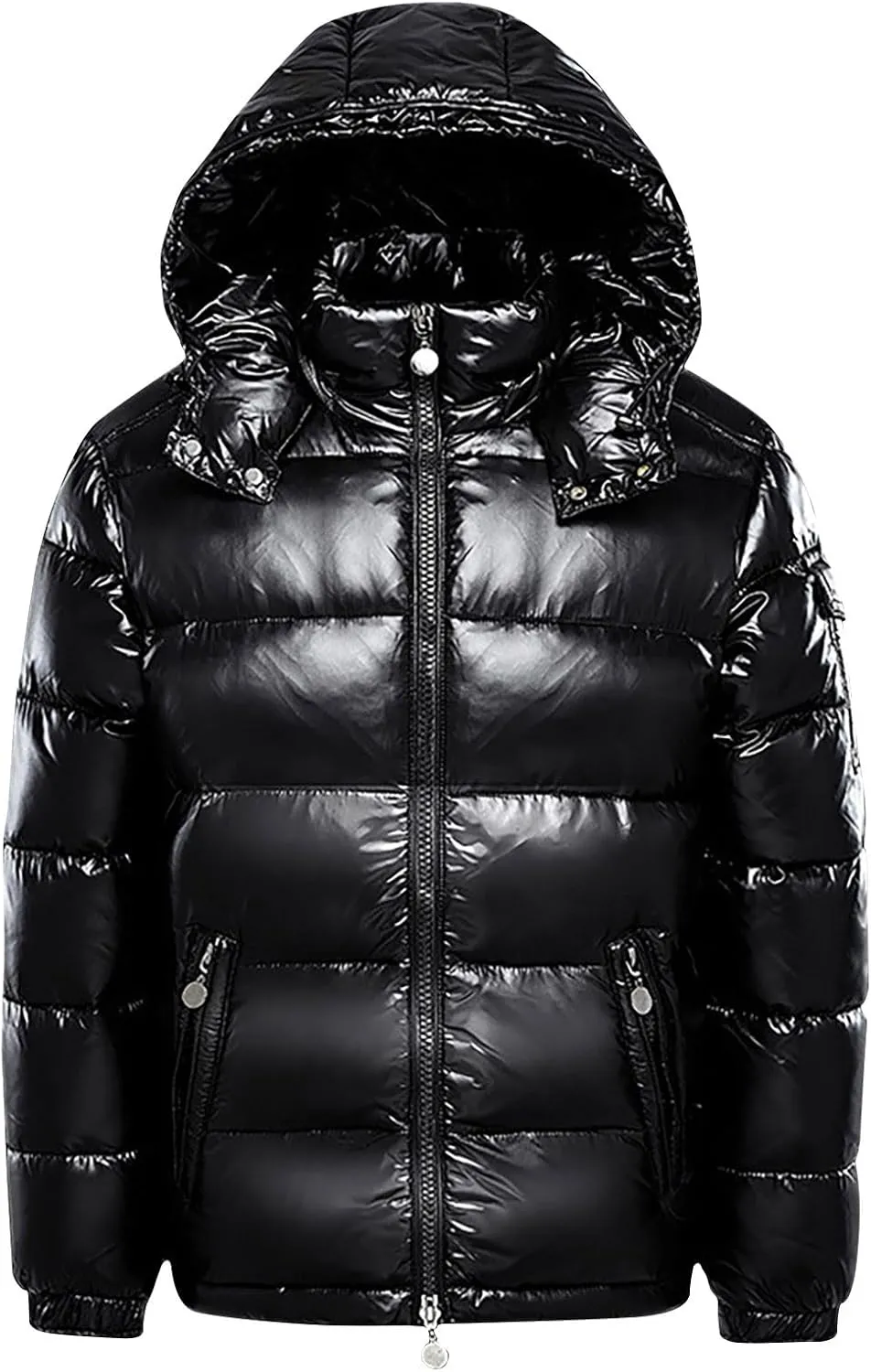 Mens Hooded Puffer Jackets Stand Collar Shiny Down Jacket Thick Winter Parka Jacket Quilted Insulated Padded Coat