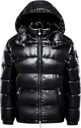 Mens Hooded Puffer Jackets Stand Collar Shiny Down Jacket Thick Winter Parka Jacket Quilted Insulated Padded Coat