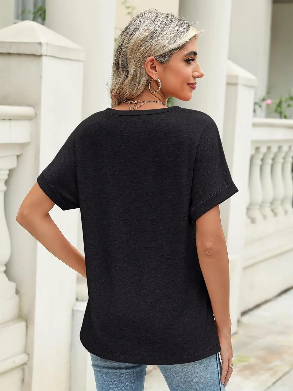 Minetom Women's Square Neck Tops Rolled Short Sleeve Shirts Casual Summer Tops