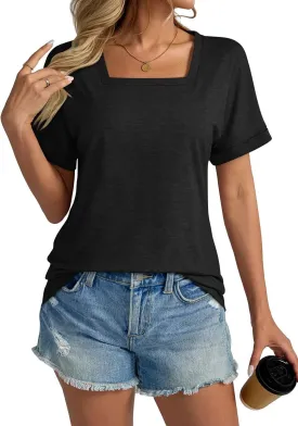 Minetom Women's Square Neck Tops Rolled Short Sleeve Shirts Casual Summer Tops