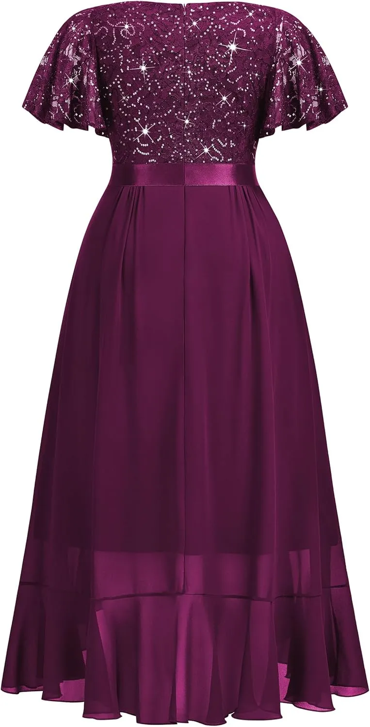 MISSMAY Women's Plus Size V Neck Sequin Lace Butterfly Sleeves Formal Evening Party Long Dress