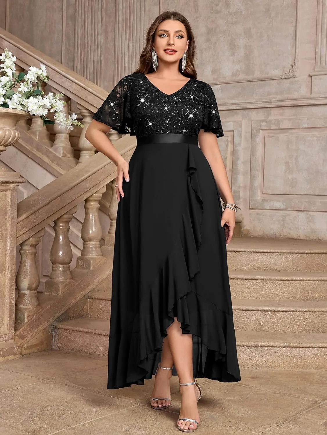 MISSMAY Women's Plus Size V Neck Sequin Lace Butterfly Sleeves Formal Evening Party Long Dress
