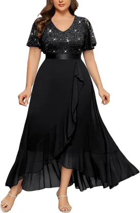 MISSMAY Women's Plus Size V Neck Sequin Lace Butterfly Sleeves Formal Evening Party Long Dress
