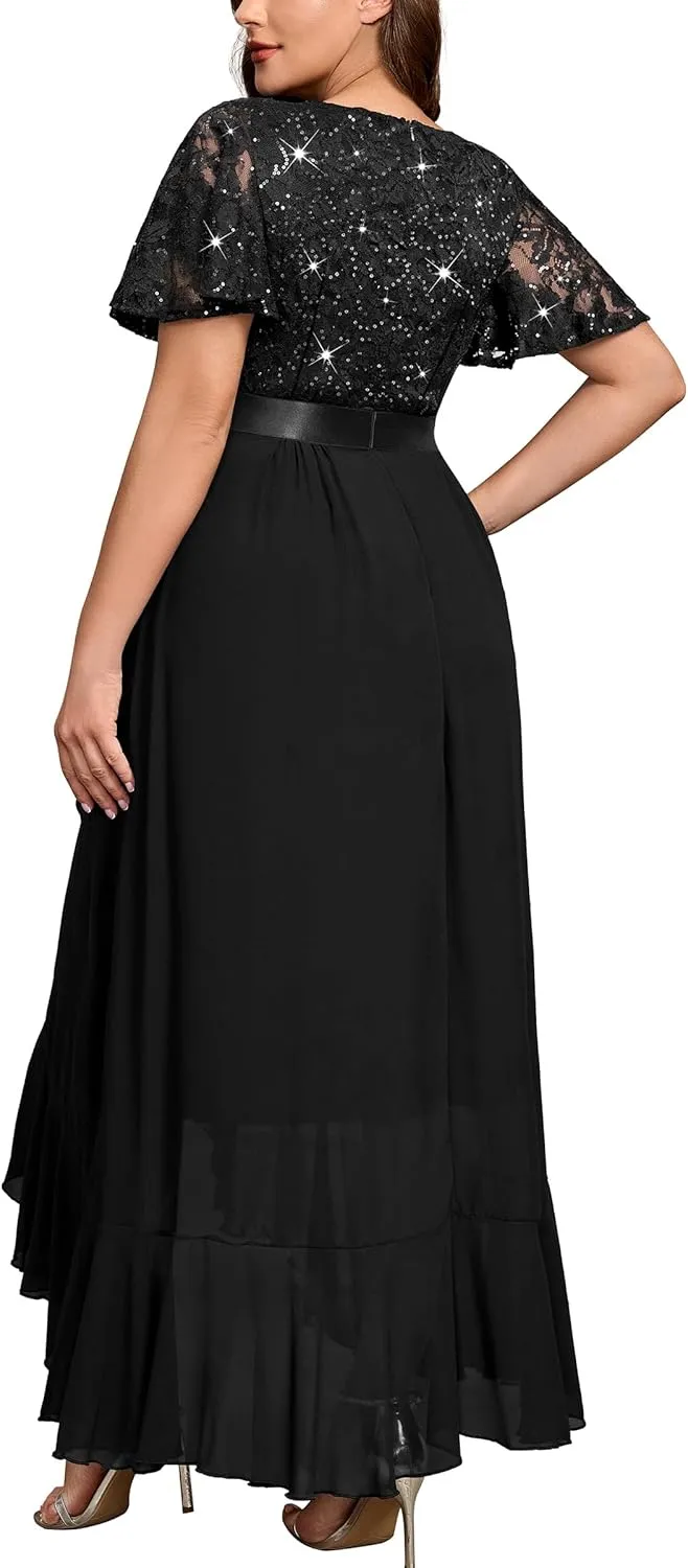 MISSMAY Women's Plus Size V Neck Sequin Lace Butterfly Sleeves Formal Evening Party Long Dress