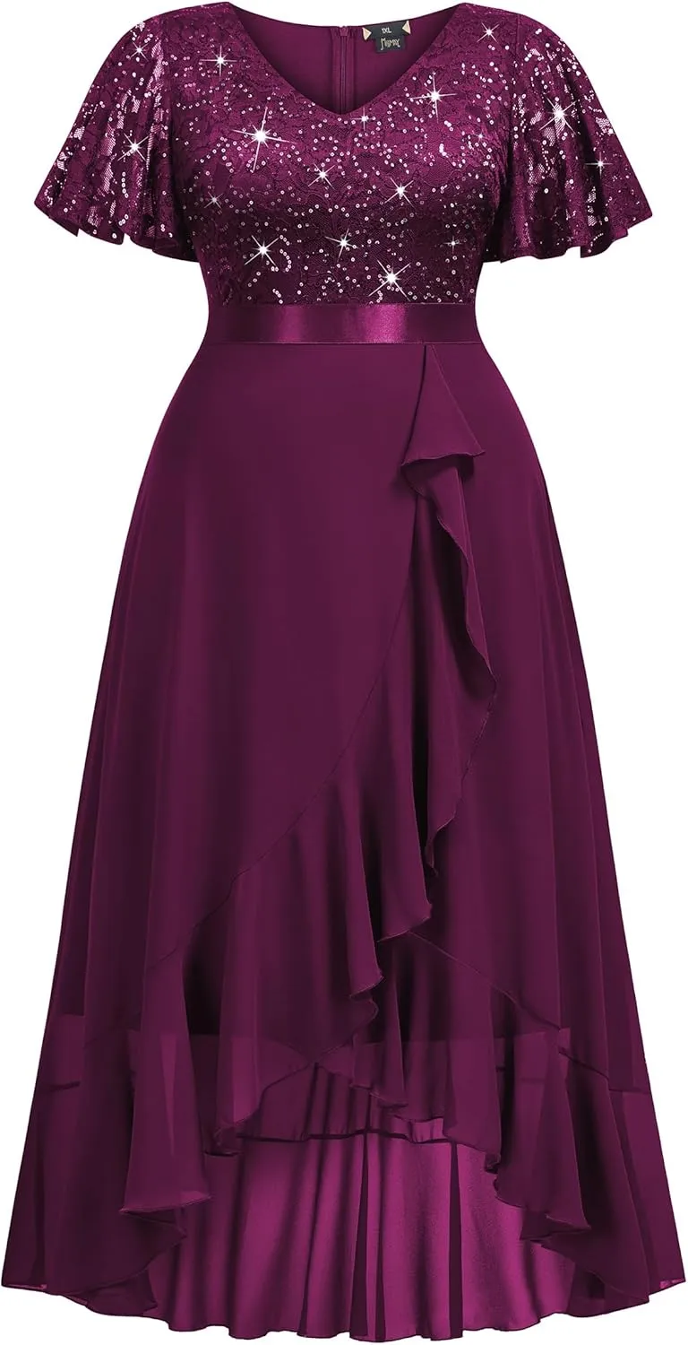 MISSMAY Women's Plus Size V Neck Sequin Lace Butterfly Sleeves Formal Evening Party Long Dress