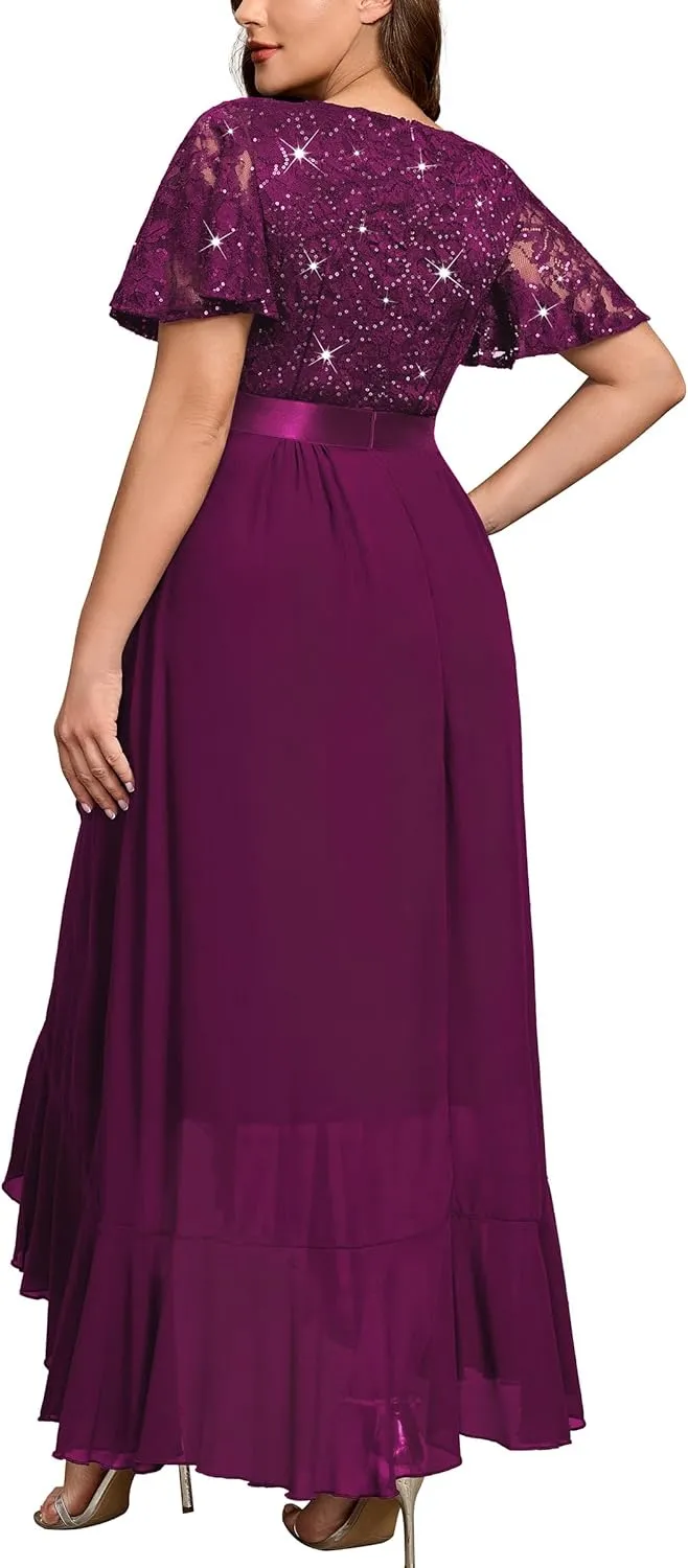 MISSMAY Women's Plus Size V Neck Sequin Lace Butterfly Sleeves Formal Evening Party Long Dress