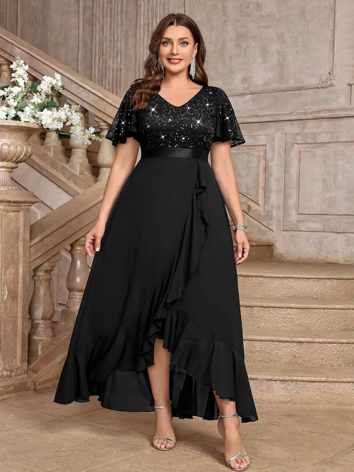 MISSMAY Women's Plus Size V Neck Sequin Lace Butterfly Sleeves Formal Evening Party Long Dress