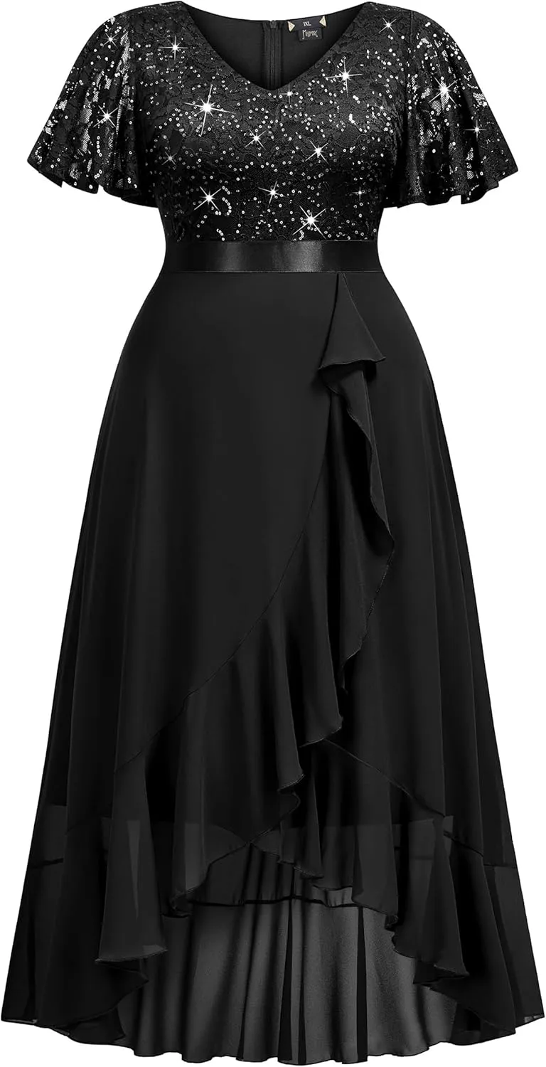 MISSMAY Women's Plus Size V Neck Sequin Lace Butterfly Sleeves Formal Evening Party Long Dress