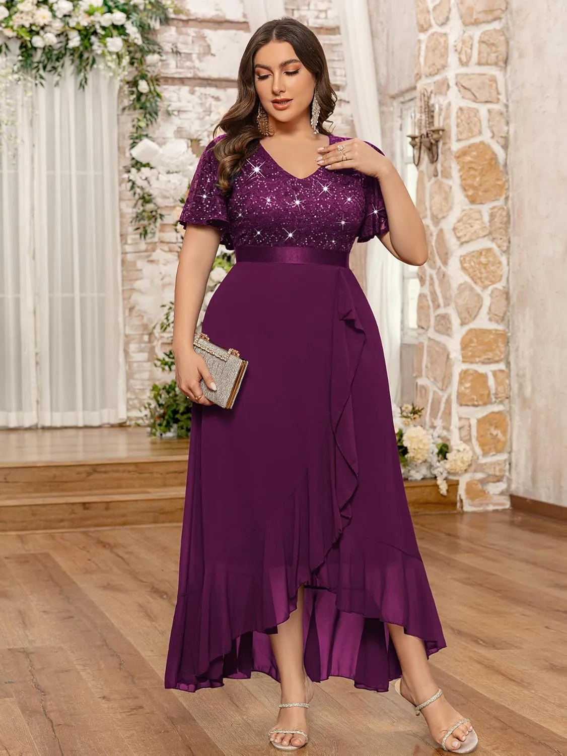 MISSMAY Women's Plus Size V Neck Sequin Lace Butterfly Sleeves Formal Evening Party Long Dress