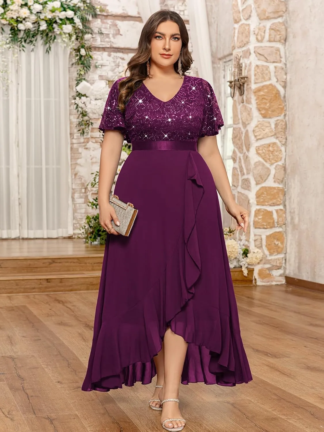 MISSMAY Women's Plus Size V Neck Sequin Lace Butterfly Sleeves Formal Evening Party Long Dress
