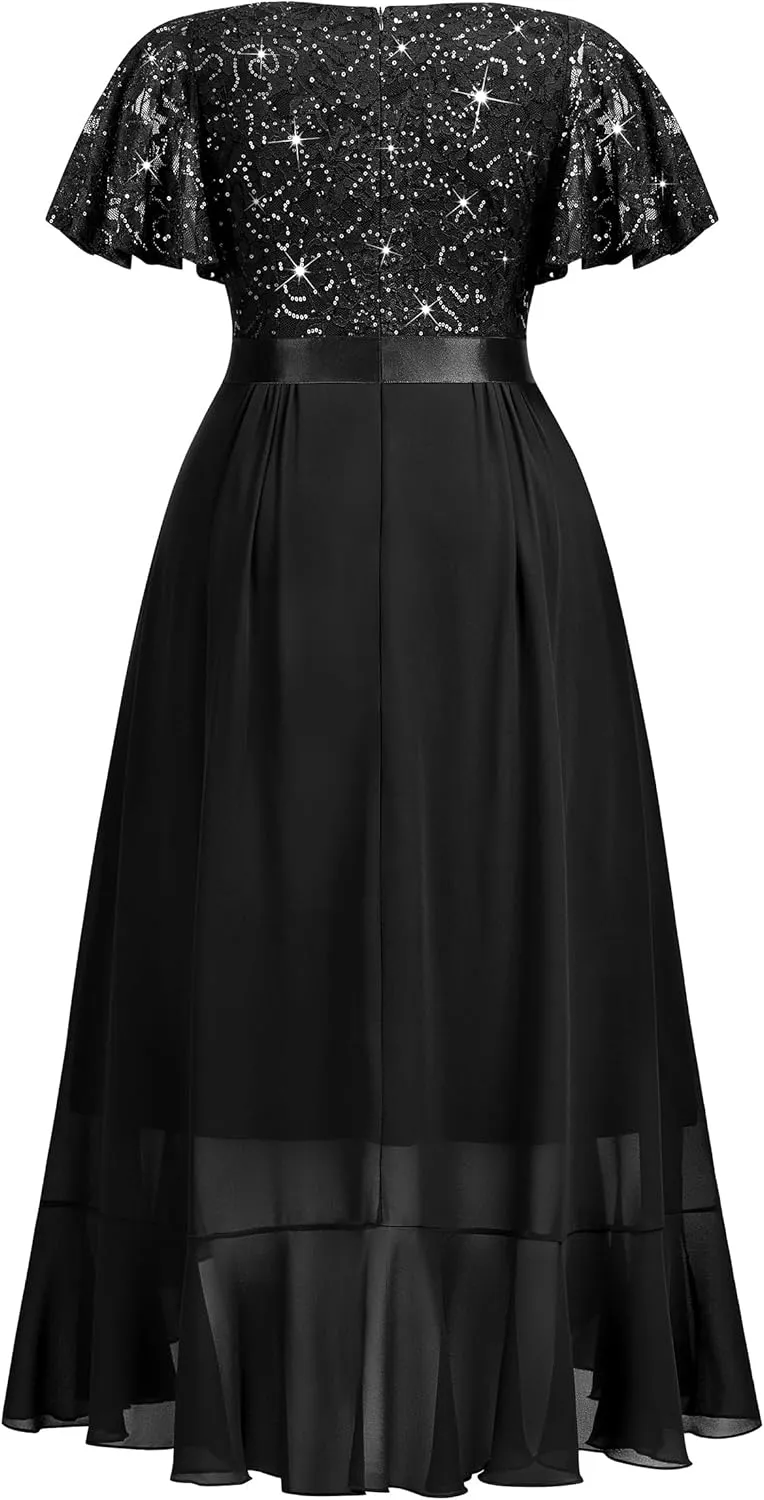 MISSMAY Women's Plus Size V Neck Sequin Lace Butterfly Sleeves Formal Evening Party Long Dress