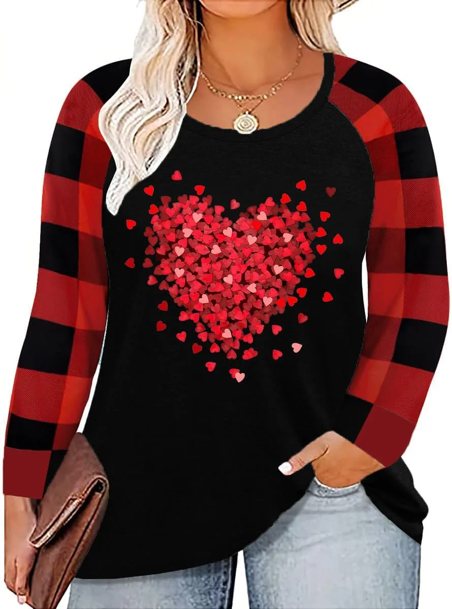 Plus Size Valentines Shirt for Women Cute Love Heart Graphic T-Shirt Long Sleeve Shirts for Her